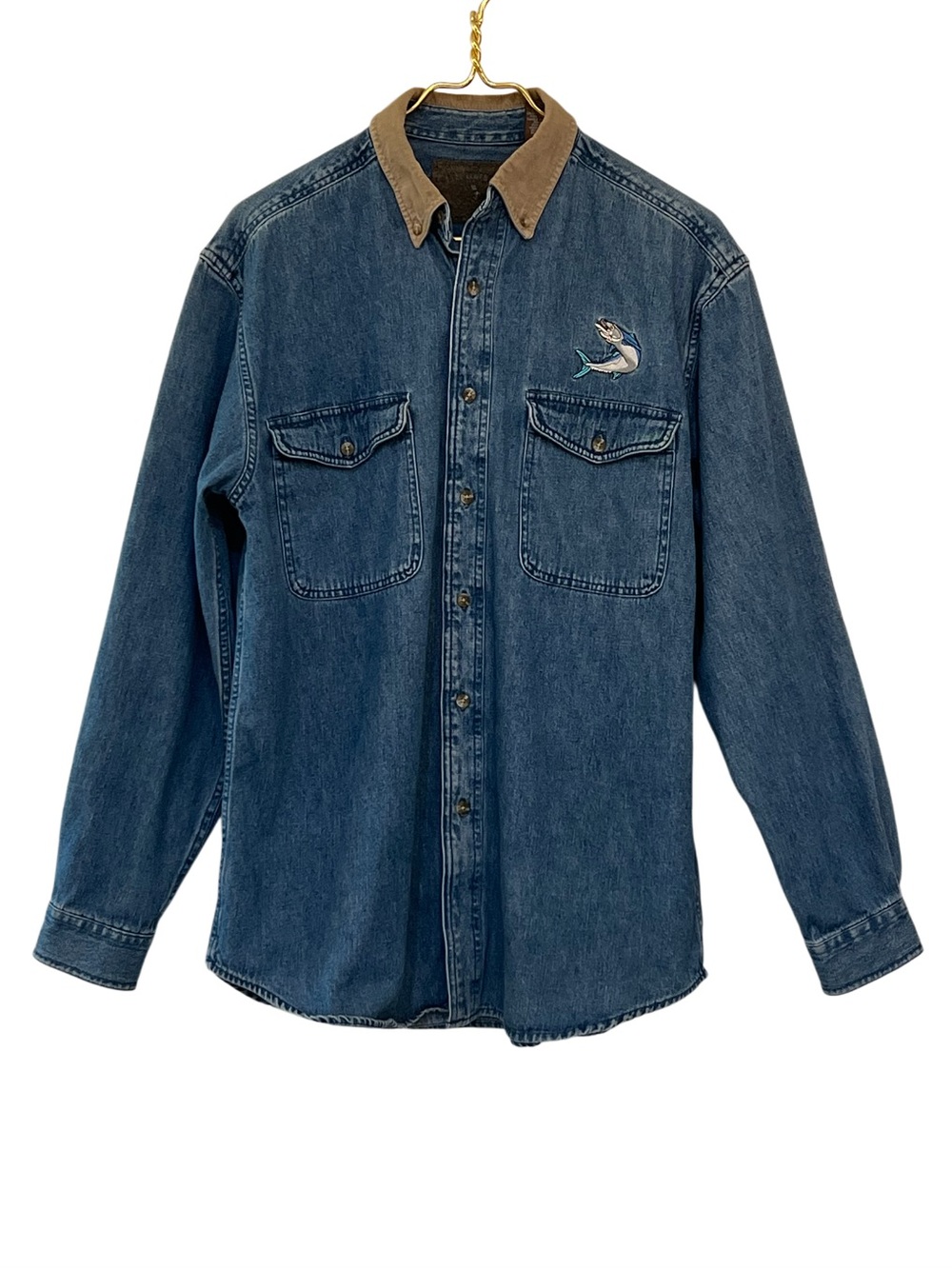 Reel Legends Vintage Denim Fishing Shirt Embroidered Fish Men’s S